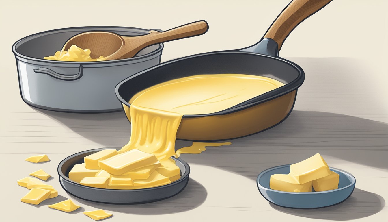 A stick of Land O'Lakes butter melting in a hot pan, with a wooden spoon nearby for stirring