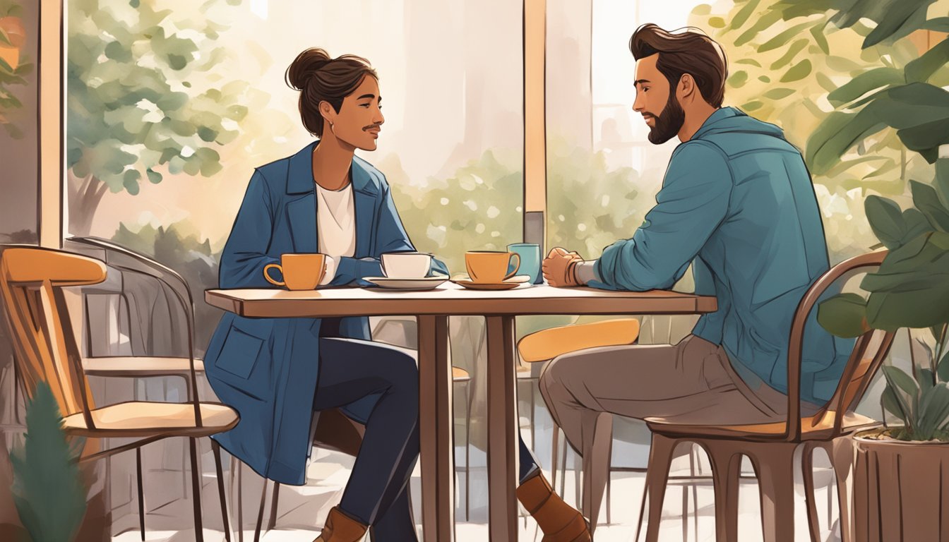 A man and a woman sitting across from each other, having a heartfelt conversation in a cozy café setting