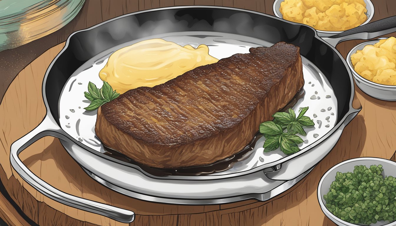 A sizzling skillet with melted Land O'Lakes butter coating a golden-brown steak, emitting a savory aroma