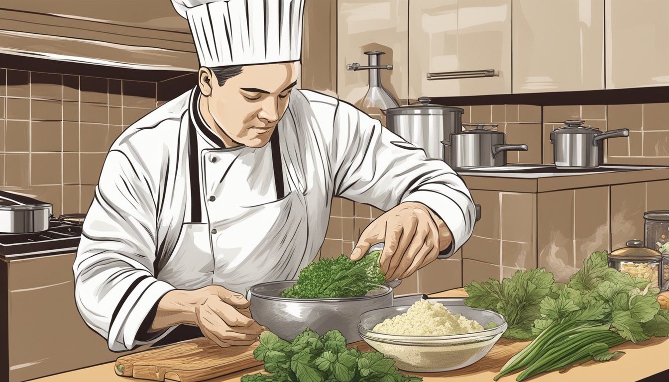 A chef grates fresh horseradish into a bowl, adding it to a mixture of spices and herbs for a spicy kick