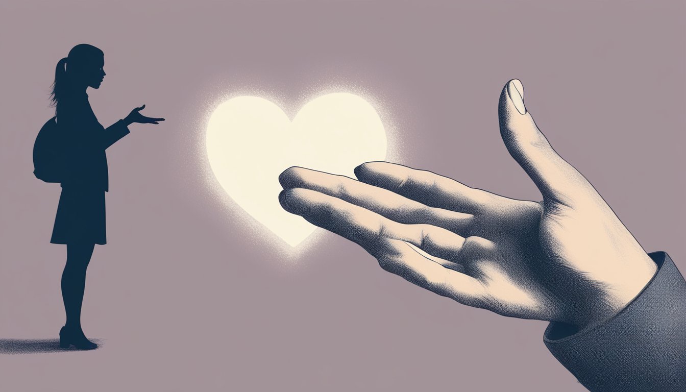 A person's hand reaching out towards a silhouette of a woman, with a faint heart shape in the background