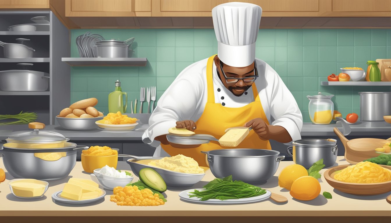 A chef using Land O'Lakes butter to cook a variety of dishes, surrounded by fresh ingredients and kitchen utensils