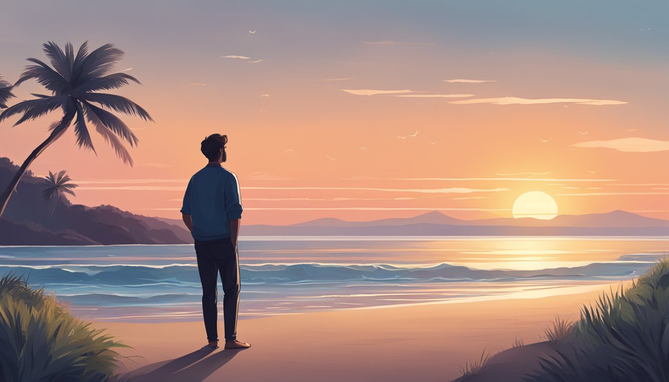 A person standing alone on a beach at sunset, gazing out at the ocean with a pensive expression