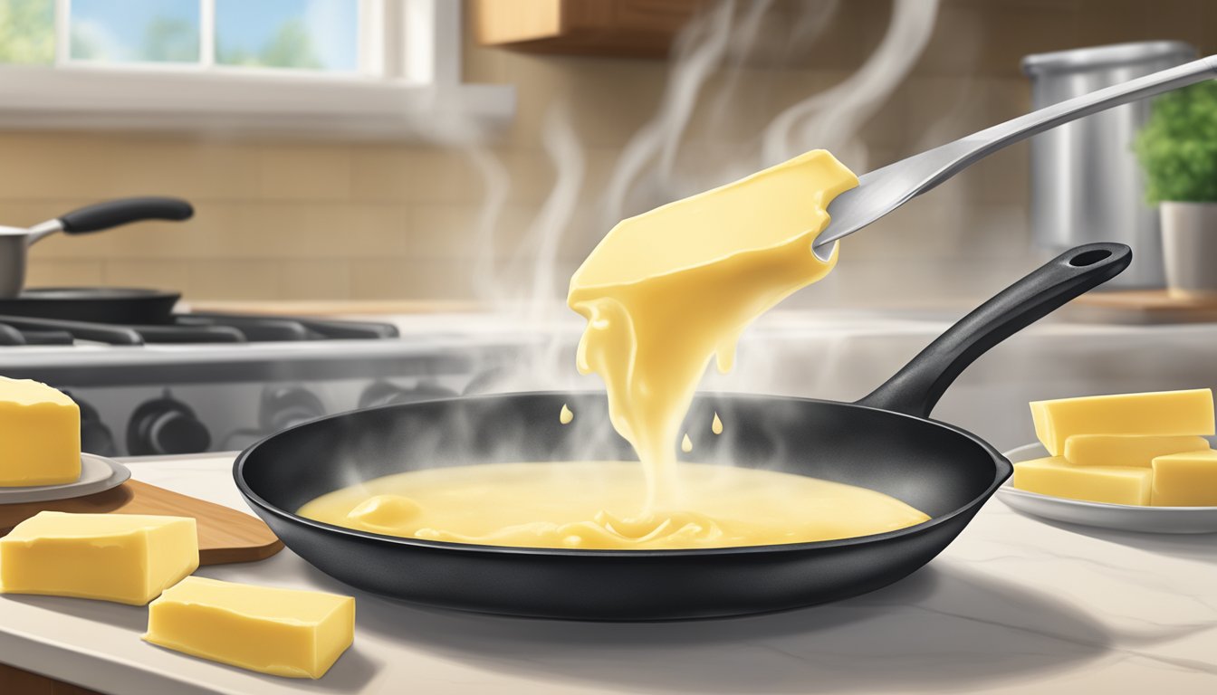 A stick of Land O'Lakes butter melting in a sizzling skillet, with steam rising and a rich aroma filling the kitchen