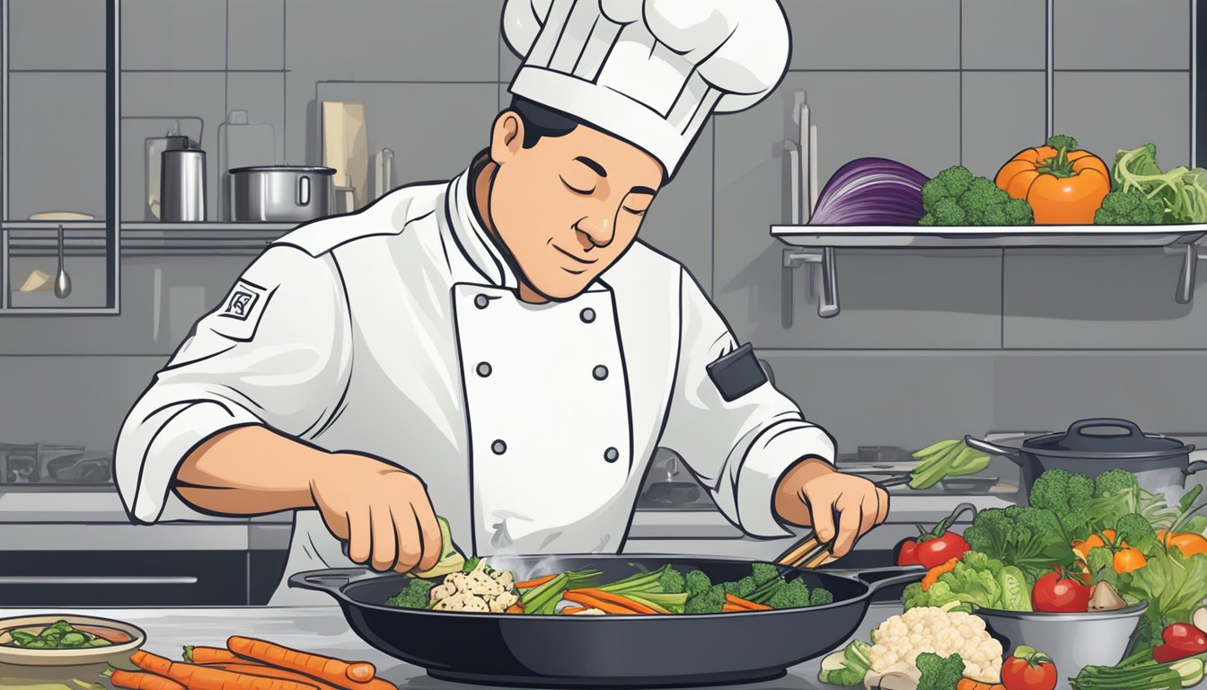 A chef adding a dollop of horseradish to a sizzling pan of stir-fry vegetables