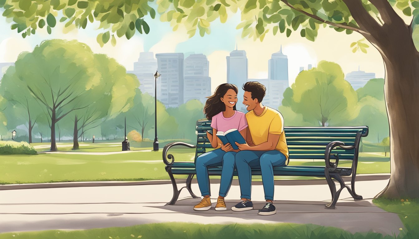 A man and woman sitting on a park bench, smiling and laughing together. The man is holding a book titled "How to Get Your Ex Girlfriend Back."