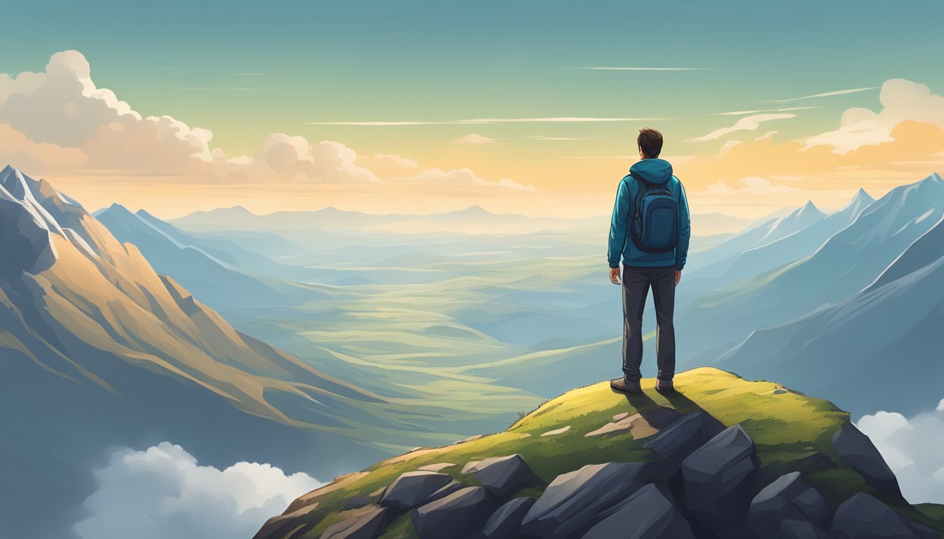 A person standing alone on a mountain peak, gazing out at a vast and open landscape, symbolizing independence and self-improvement