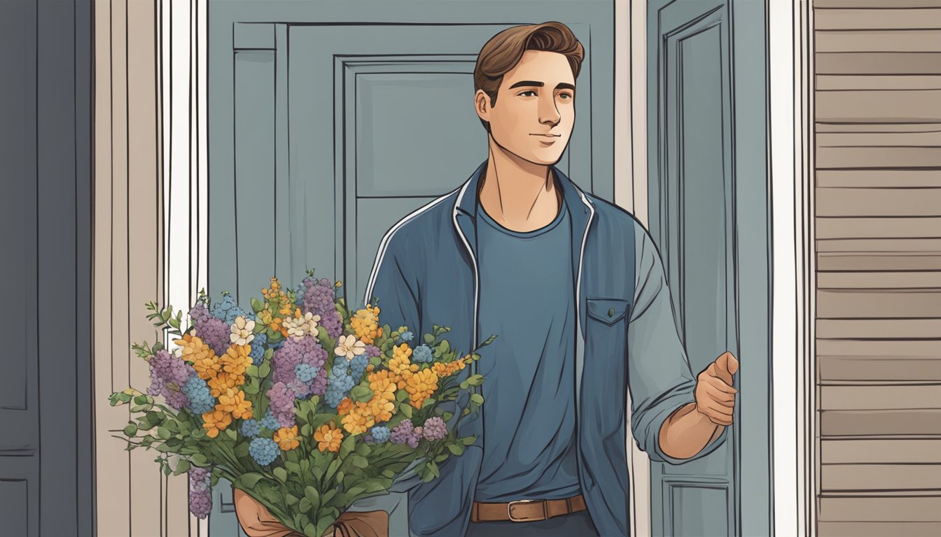 A man standing at a doorway, holding a bouquet of flowers and looking hopeful