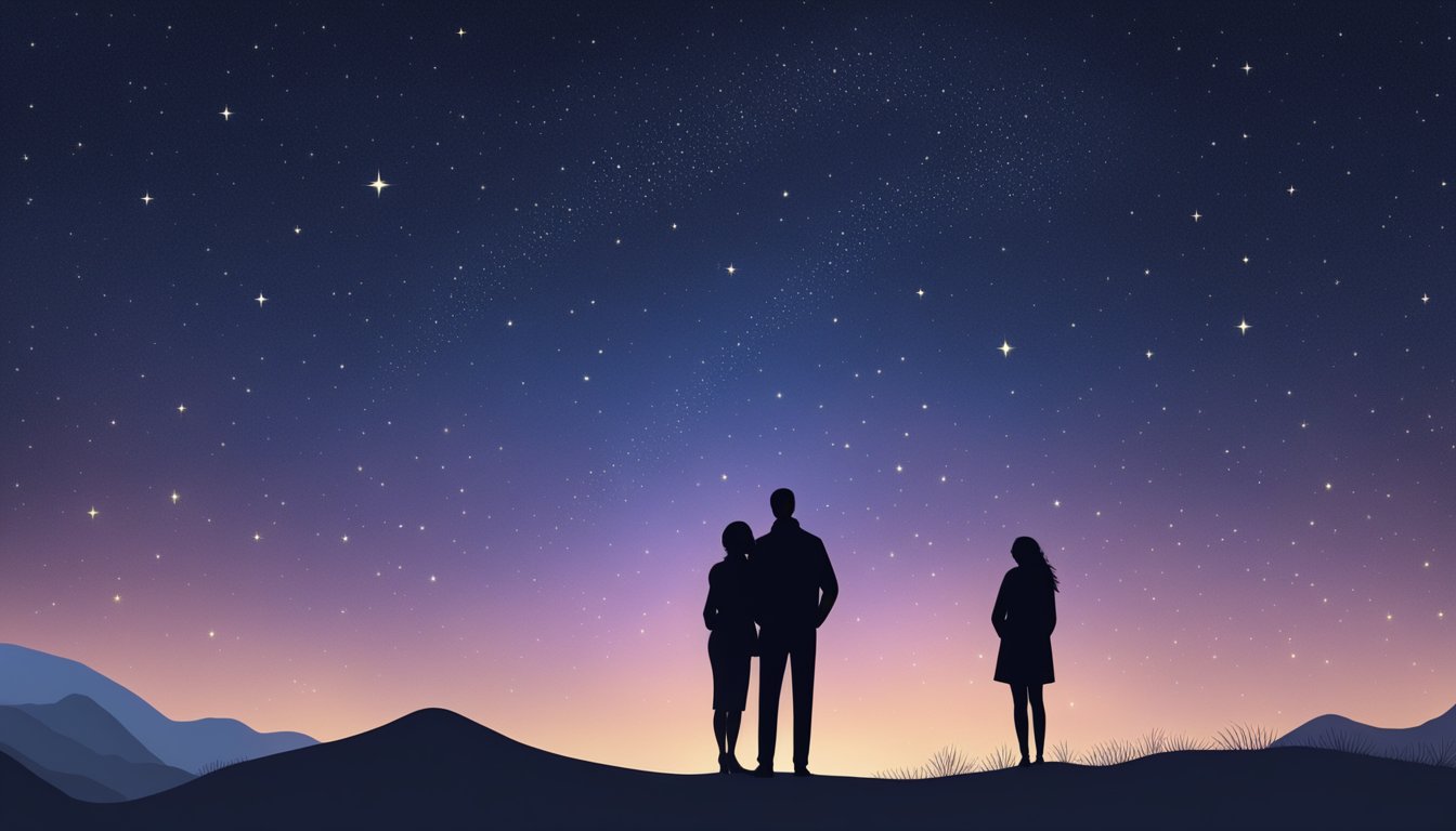 A couple's silhouette embracing under a starry night sky, with a faint figure of another woman in the distance