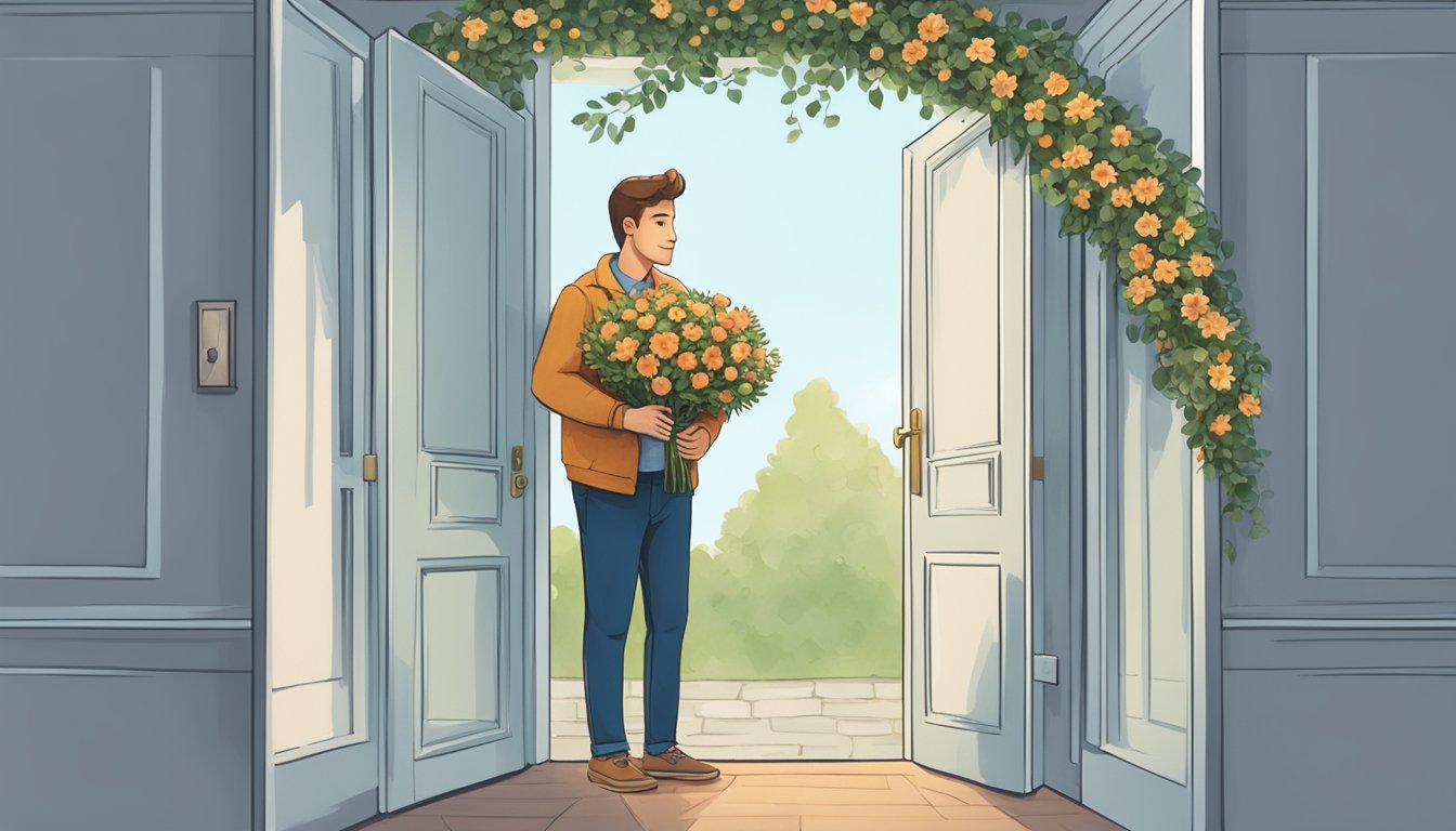 A man standing outside a closed door, holding a bouquet of flowers and looking hopeful. The door has a heart-shaped wreath hanging on it