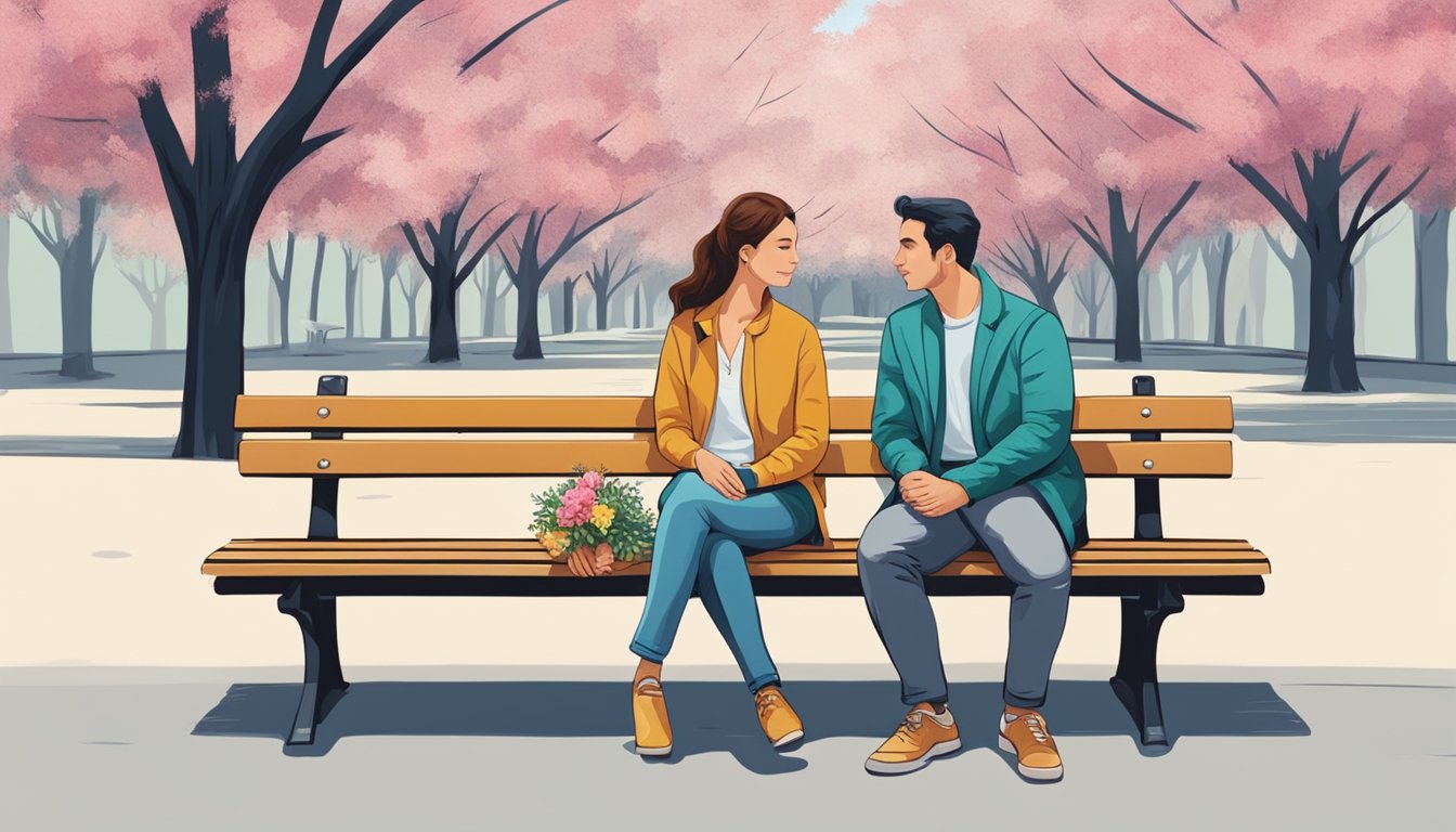 A man and woman sitting on a park bench, facing each other, engaged in a deep conversation, with the woman holding a flower