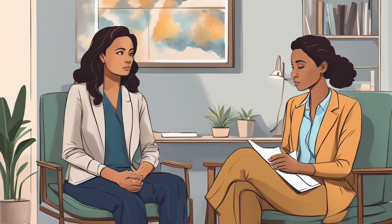 A woman sits in a therapist's office, seeking guidance on how to win back her ex from another woman. The therapist listens attentively, offering advice and support