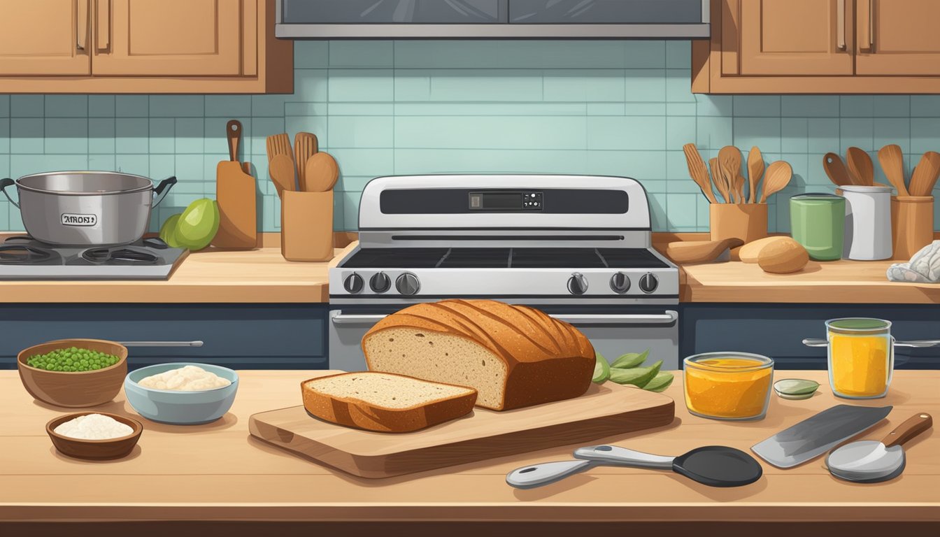 A kitchen counter with a loaf of Dave's Killer Bread, surrounded by various ingredients and cooking utensils, ready to be used for creating delicious recipes