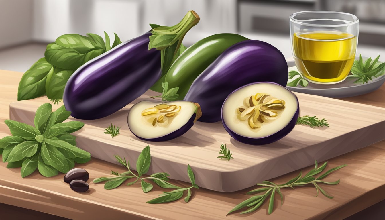 A cutting board with sliced eggplant, a bowl of olive oil, and various herbs and spices on a kitchen counter