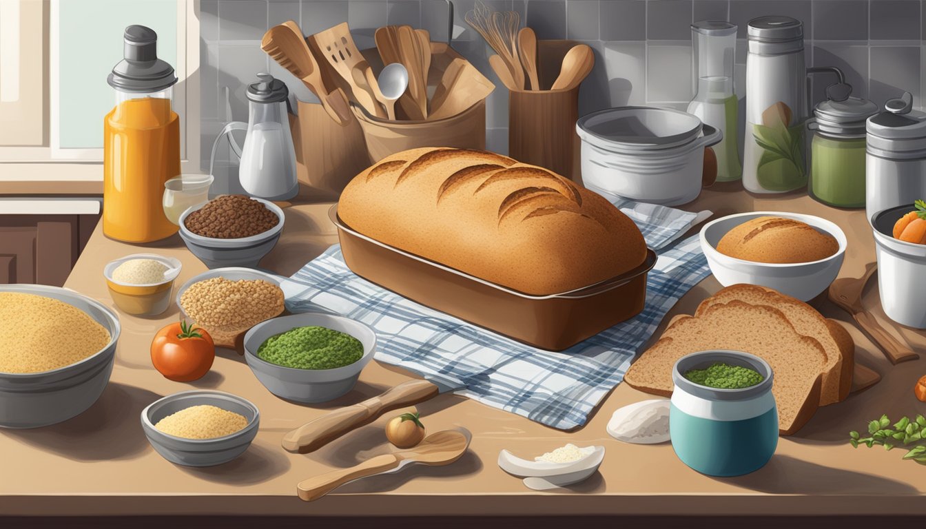 A loaf of Dave's Killer Bread surrounded by various ingredients and cooking utensils on a kitchen counter