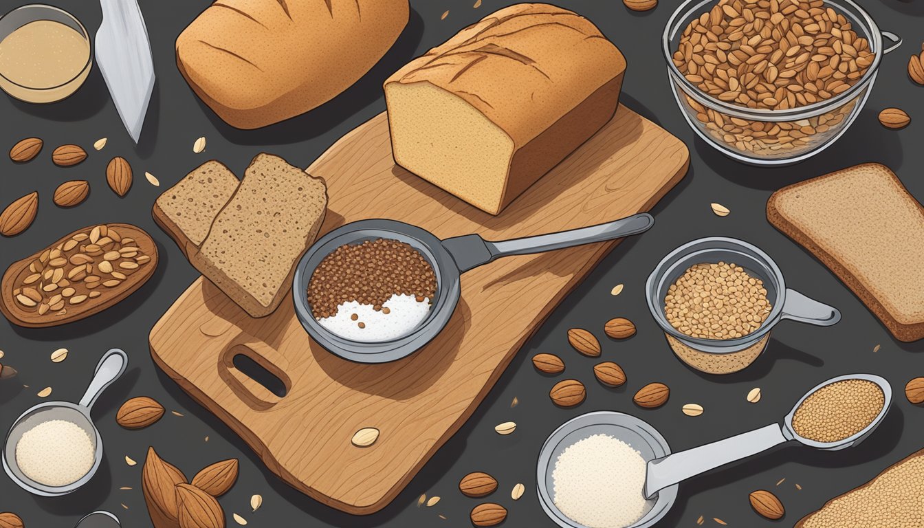 A wooden cutting board with various grains, seeds, and nuts scattered around a loaf of Dave's Killer Bread. A mixing bowl and measuring cups sit nearby