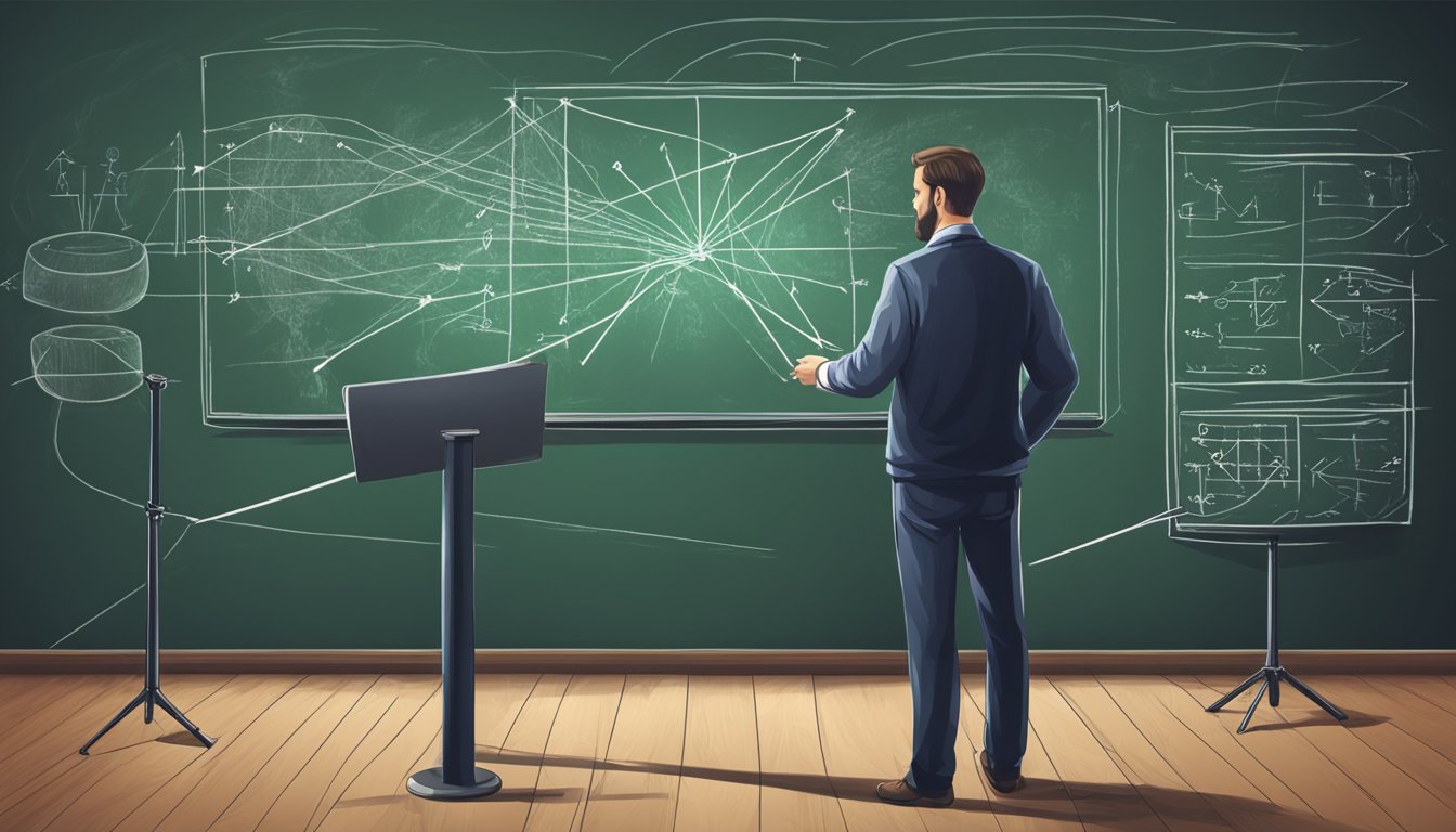 A man standing in front of a chalkboard, drawing arrows and connecting lines to illustrate a complex communication strategy