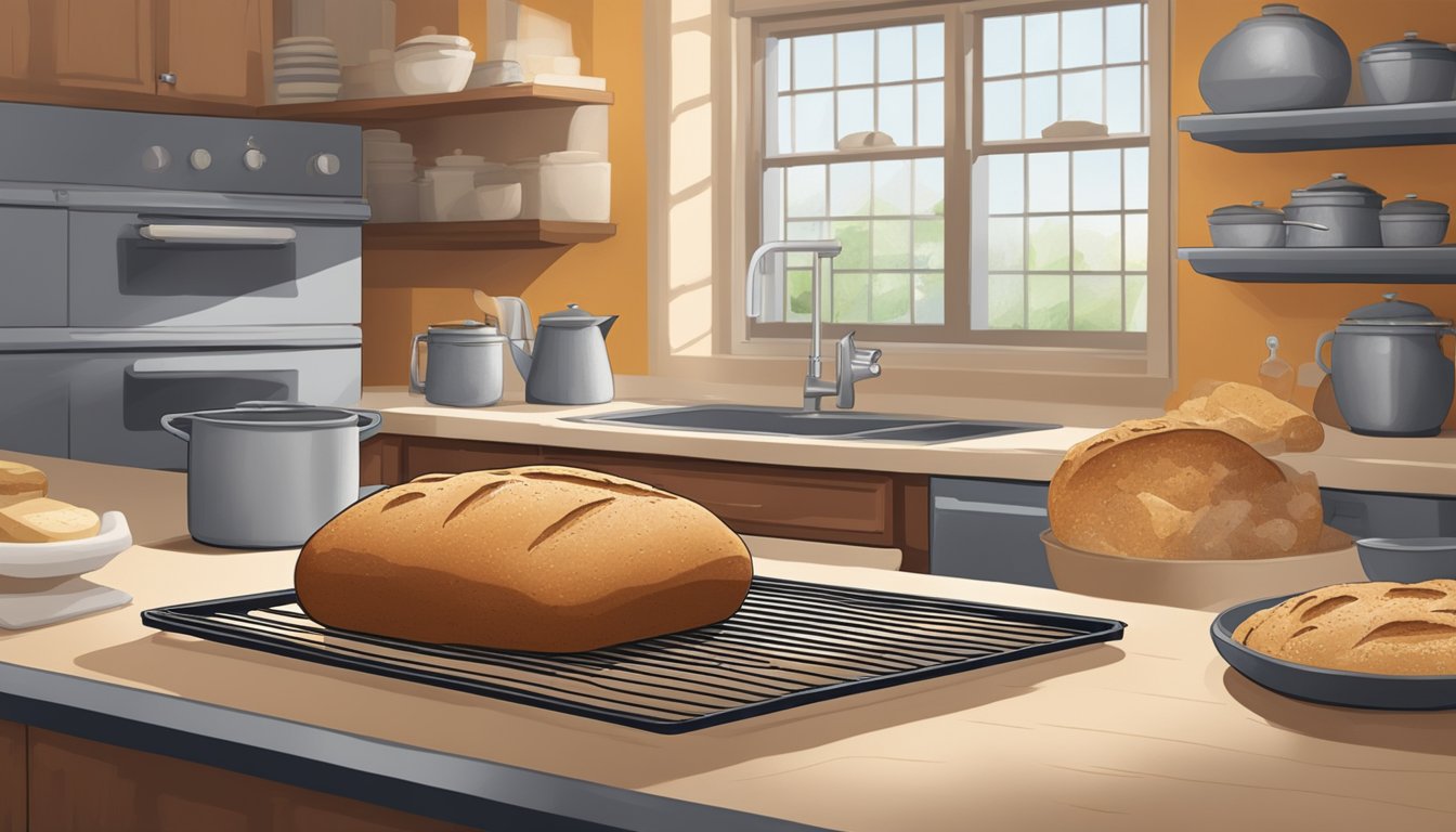 A loaf of Dave's Killer Bread sits in a warm kitchen, surrounded by proofing dough and a hot oven