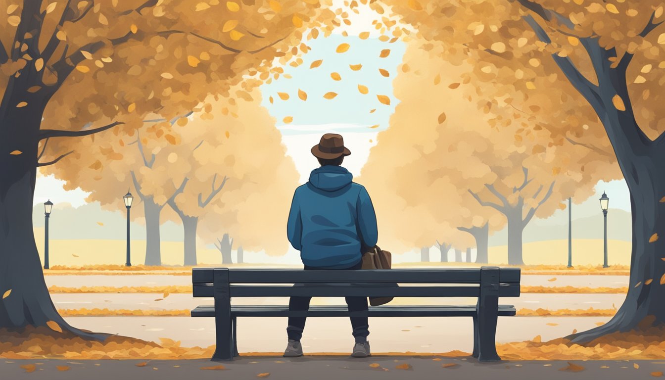 A figure sits alone on a park bench, surrounded by fallen leaves and a single wilting flower, gazing at a distant horizon with a pensive expression