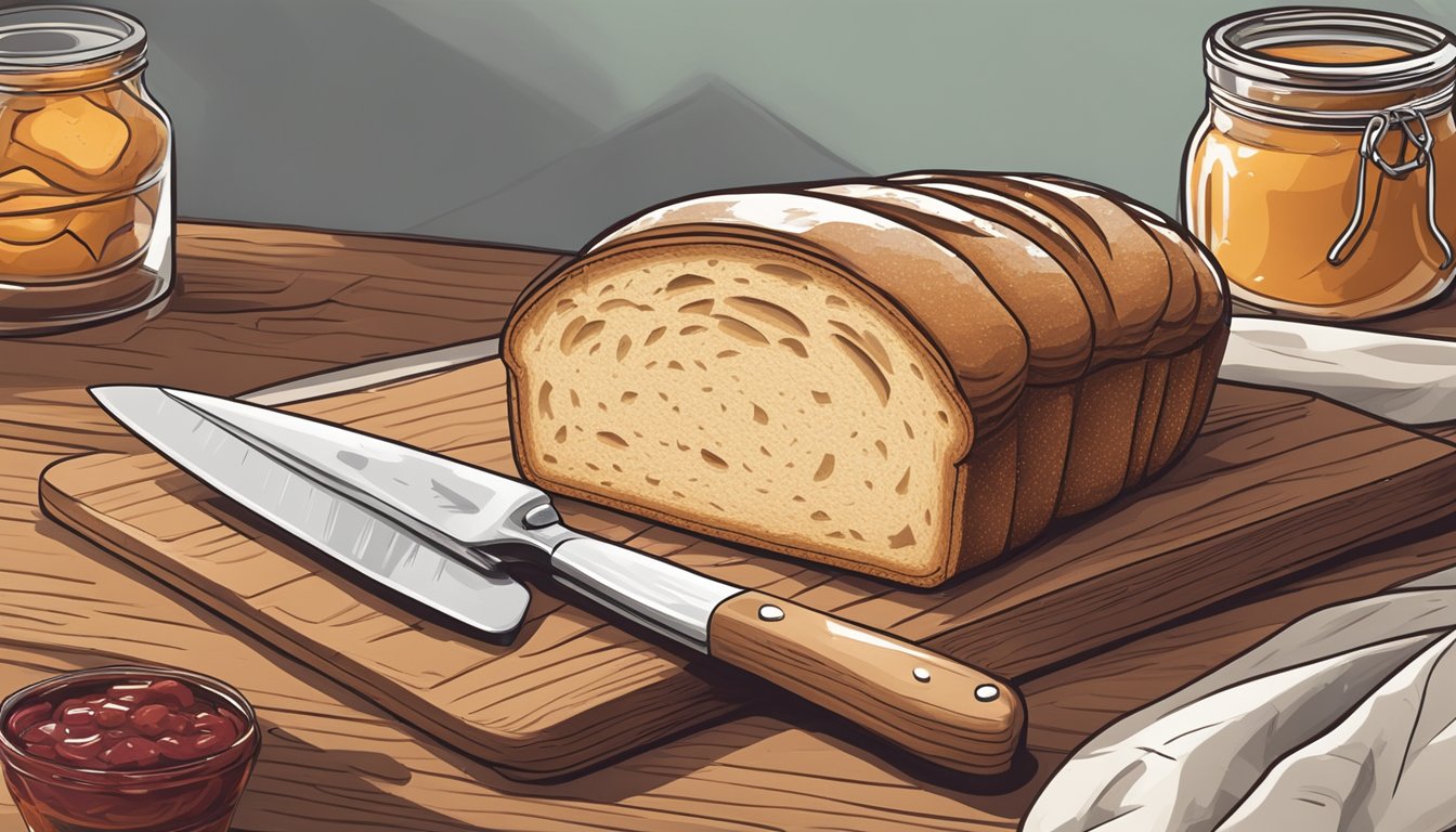 A loaf of homemade bread sits on a wooden cutting board next to a jar of jam and a knife, ready to be sliced and enjoyed