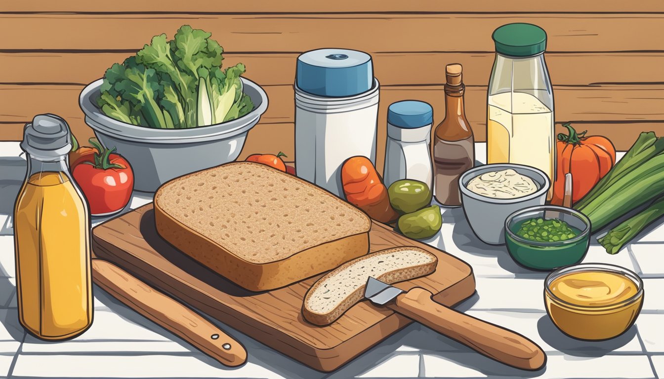 A kitchen counter with ingredients for a sandwich, including a loaf of Dave's Killer Bread, fresh vegetables, and condiments. A knife and cutting board are ready for preparation