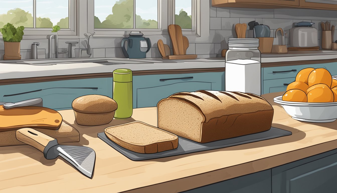 A kitchen counter with ingredients and a loaf of Dave's Killer Bread, a knife, cutting board, and a skillet