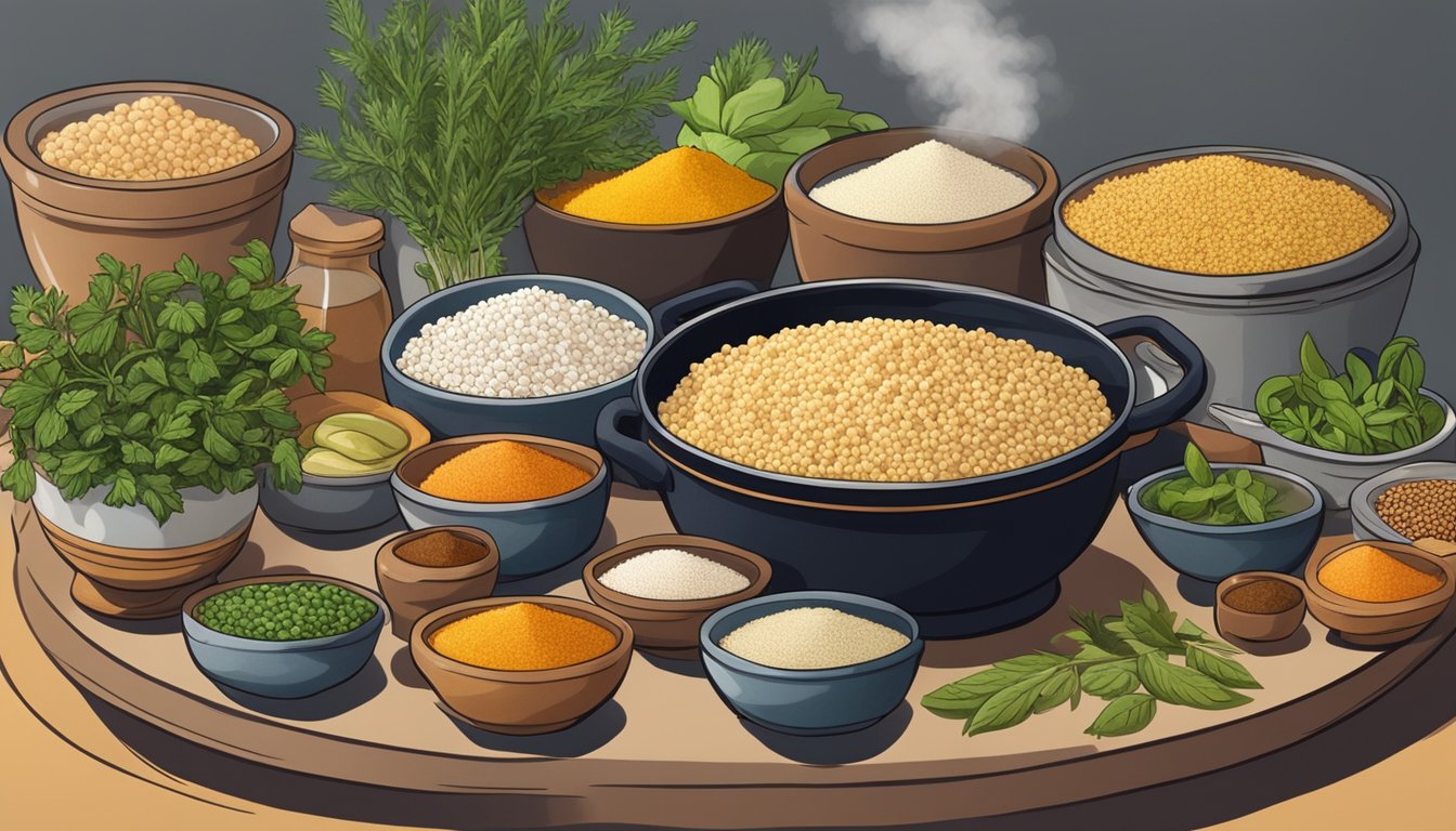 A steaming pot of Israeli couscous surrounded by bowls of herbs, spices, and various ingredients for flavor pairing