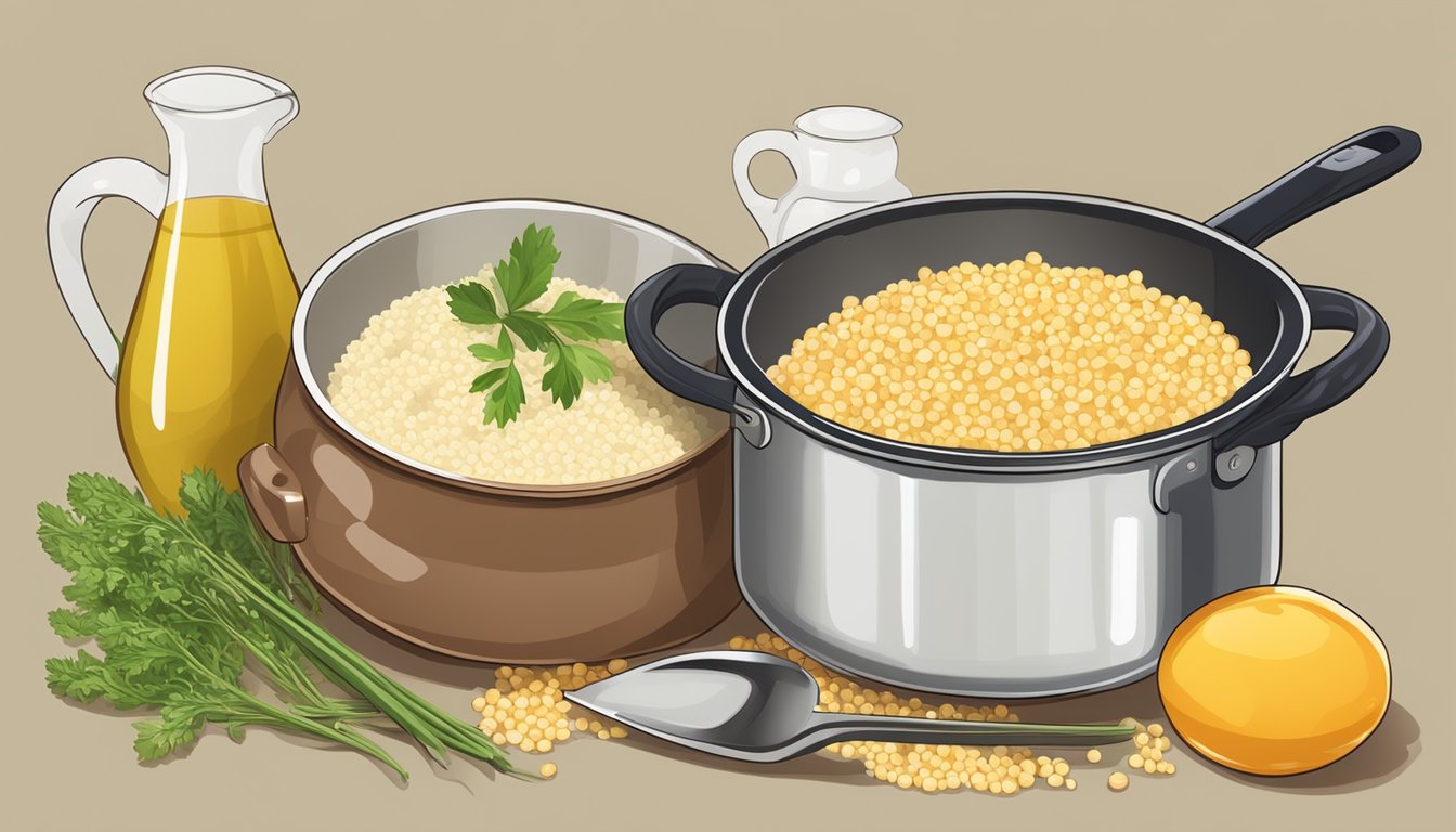 A pot of Israeli couscous simmering in broth with various cooking utensils nearby