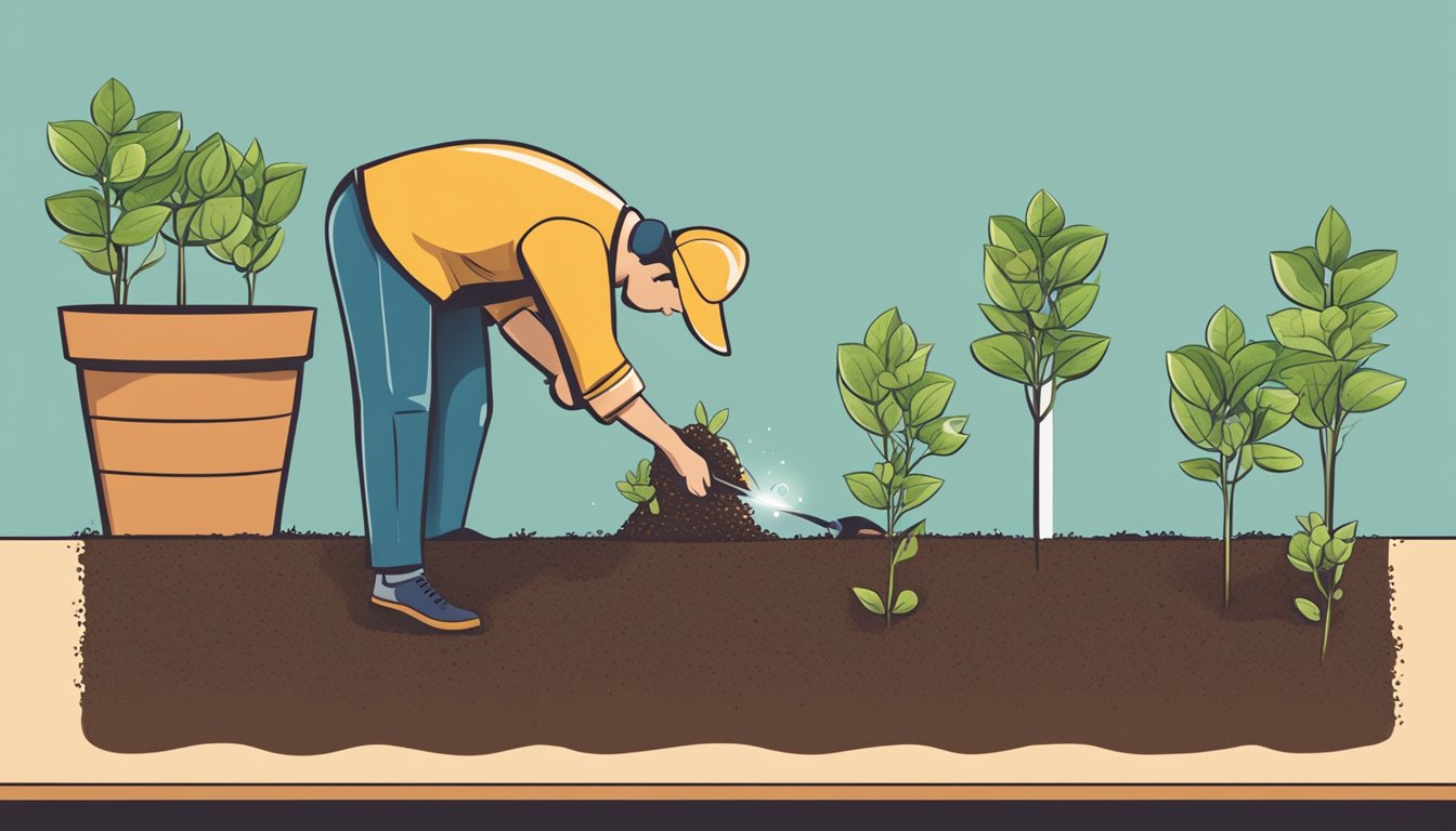 A person planting and watering a small seedling, tending to it over time as it grows into a strong, flourishing plant