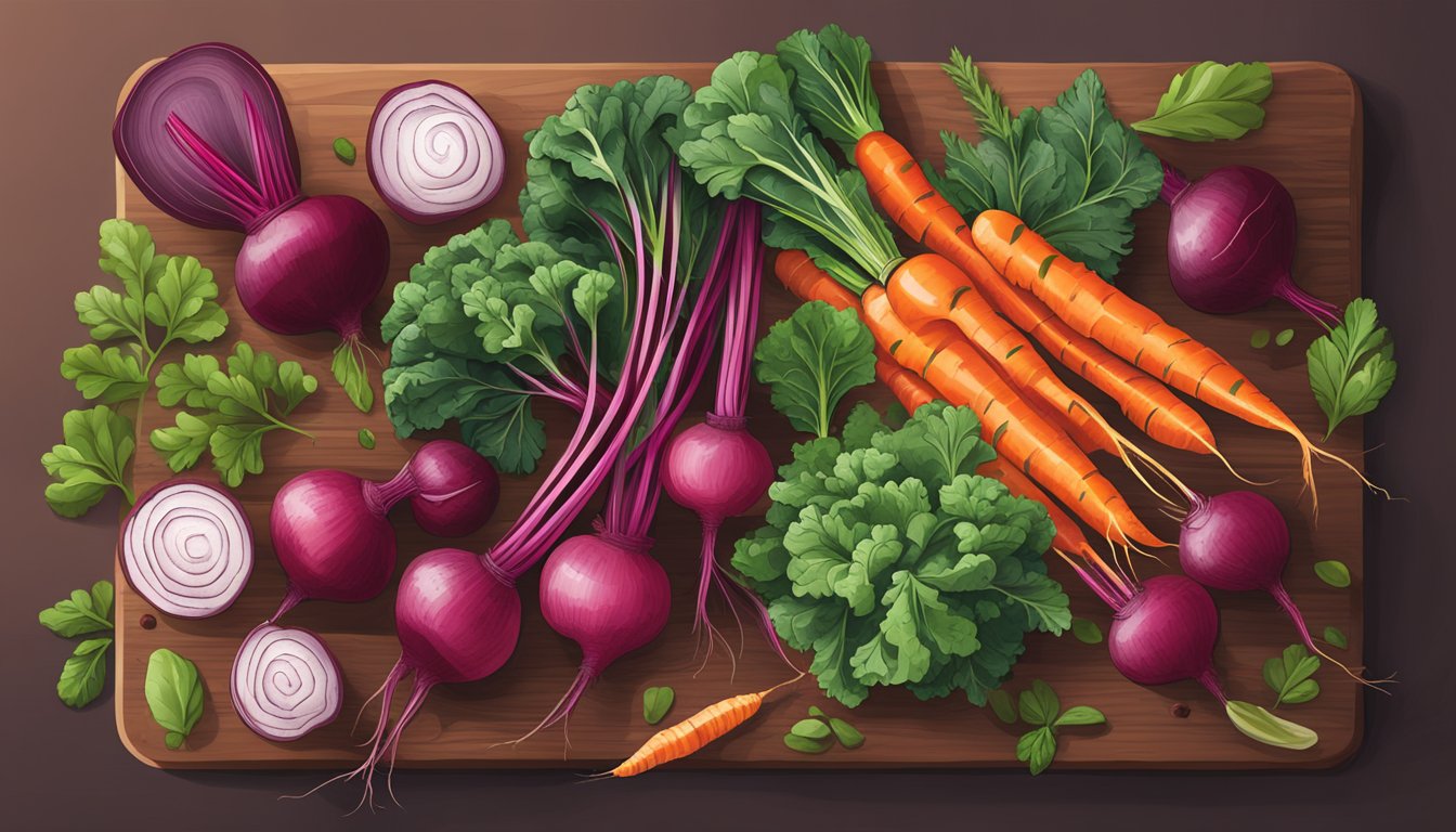 A vibrant assortment of beets, carrots, and kale arranged on a wooden cutting board, surrounded by assorted herbs and spices