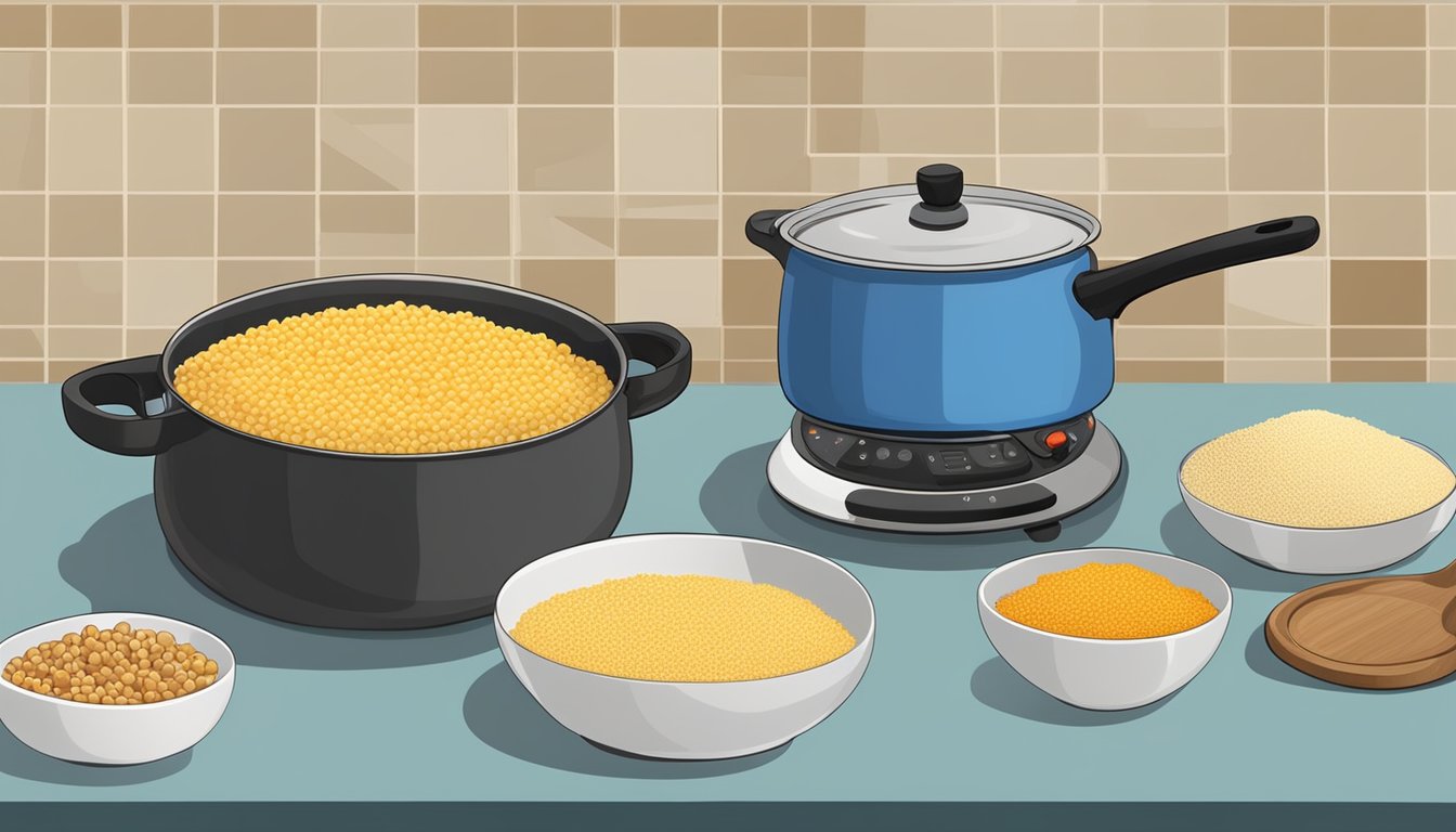 A pot of Israeli couscous cooking on a stove, with various ingredients and utensils arranged on a kitchen counter for presentation