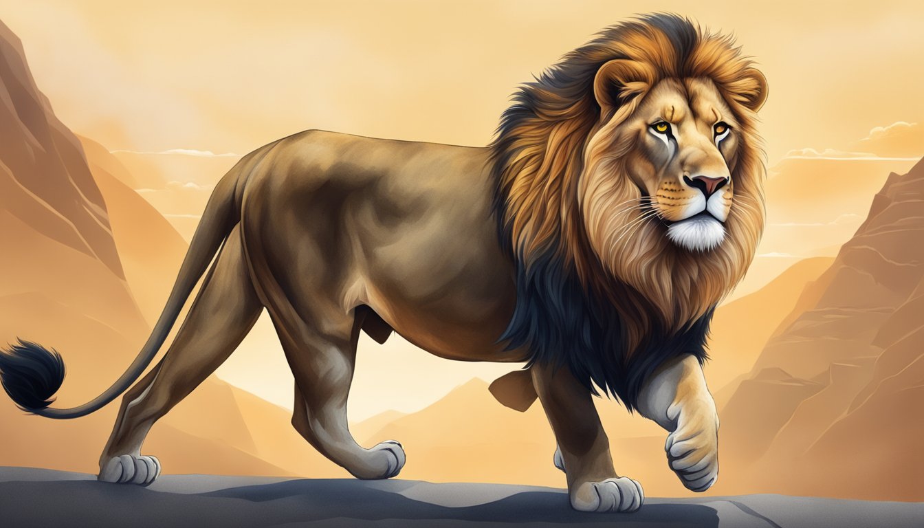 A lion symbolizing a Leo standing strong and proud, with a path leading towards it representing the journey of self-improvement and personal growth