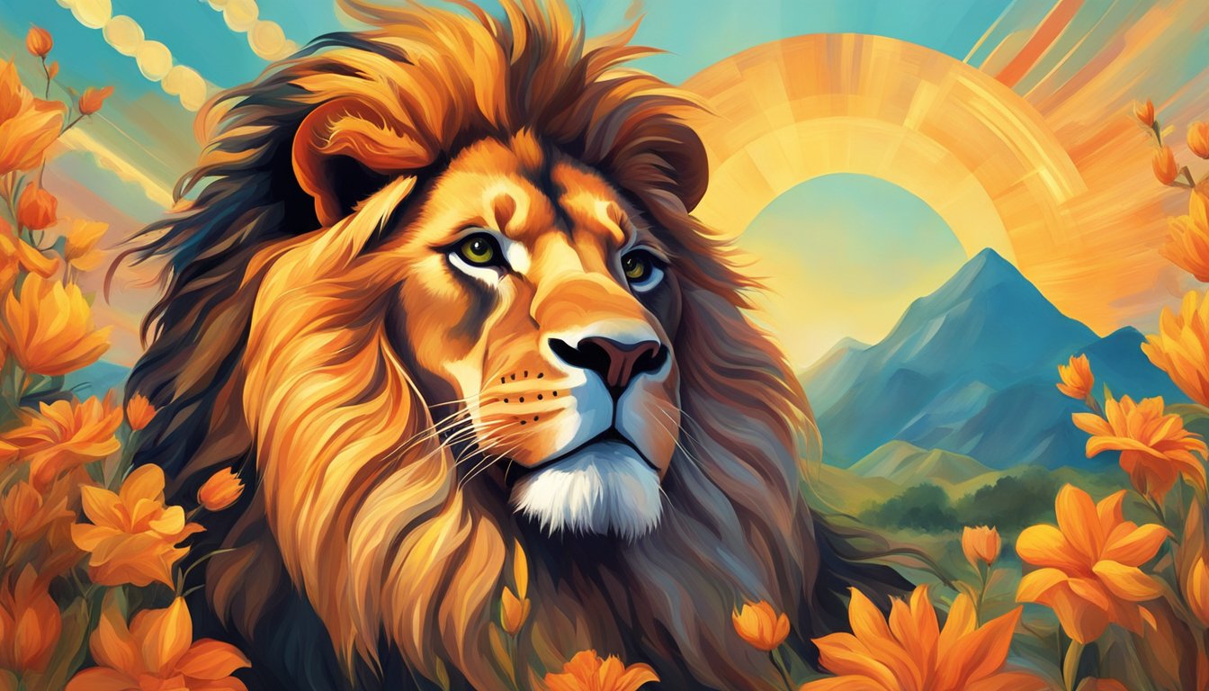 A lion and a sun symbolize Leo in a vibrant, fiery backdrop, symbolizing re-established connection and reconciliation