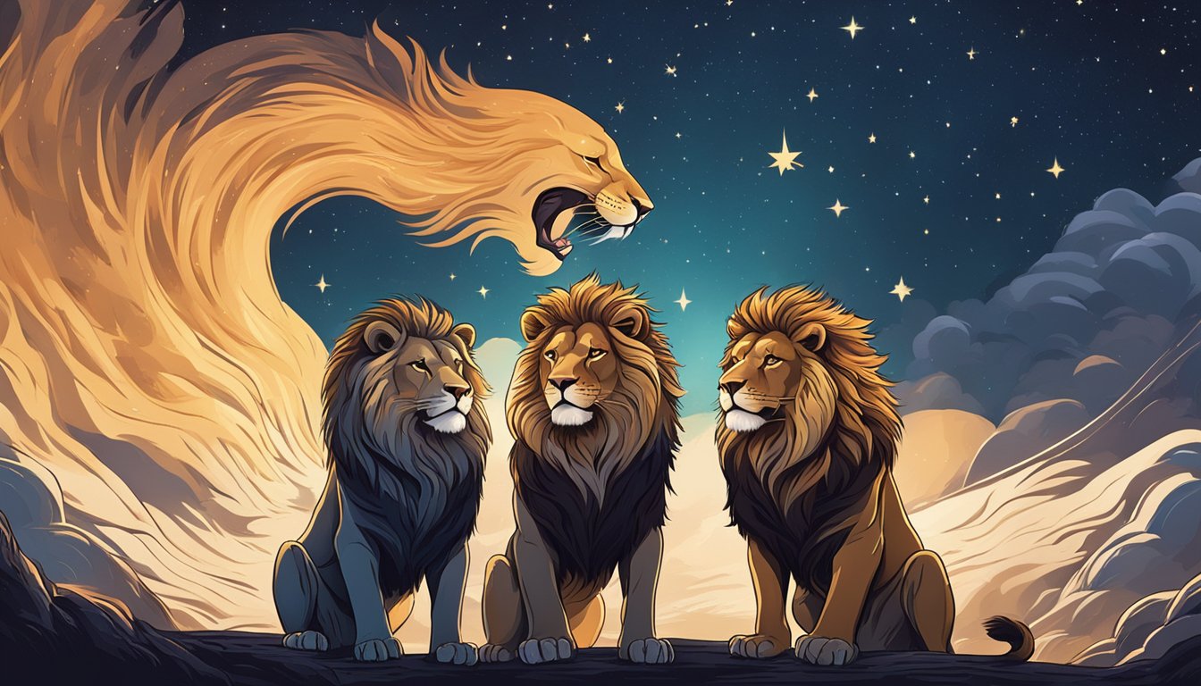 A roaring bonfire under a starry sky, with two lion silhouettes gazing at each other