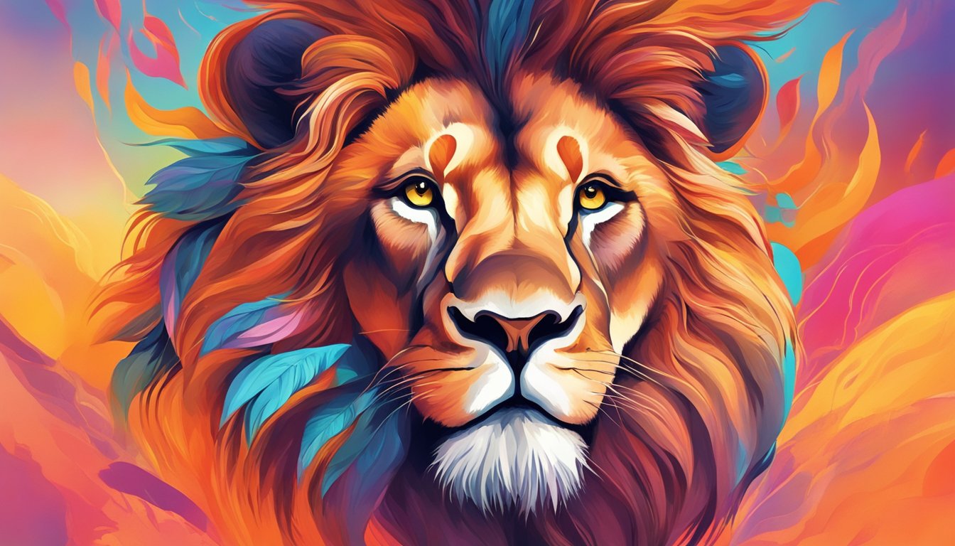 A lion and a heart intertwined, surrounded by a vibrant and fiery backdrop