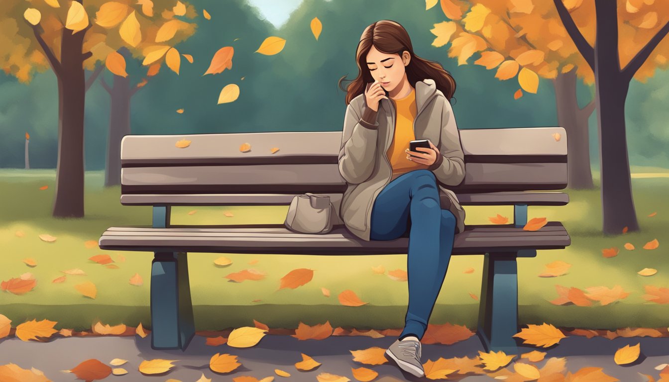 A girl sitting alone on a park bench, surrounded by fallen leaves, looking at her phone with a pensive expression