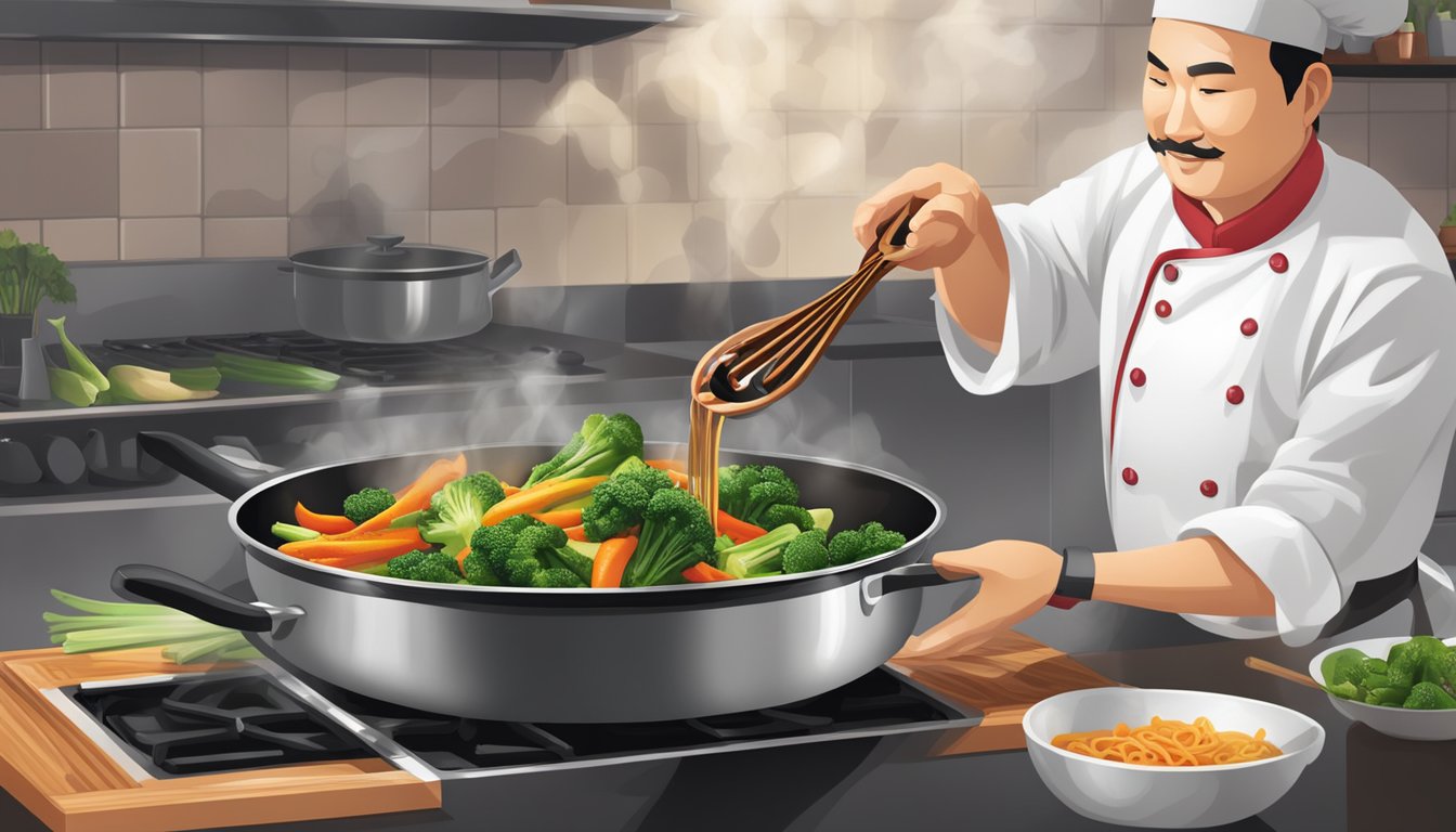 A chef pouring La Choy soy sauce into a sizzling pan of stir-fry vegetables, creating a savory aroma in the kitchen