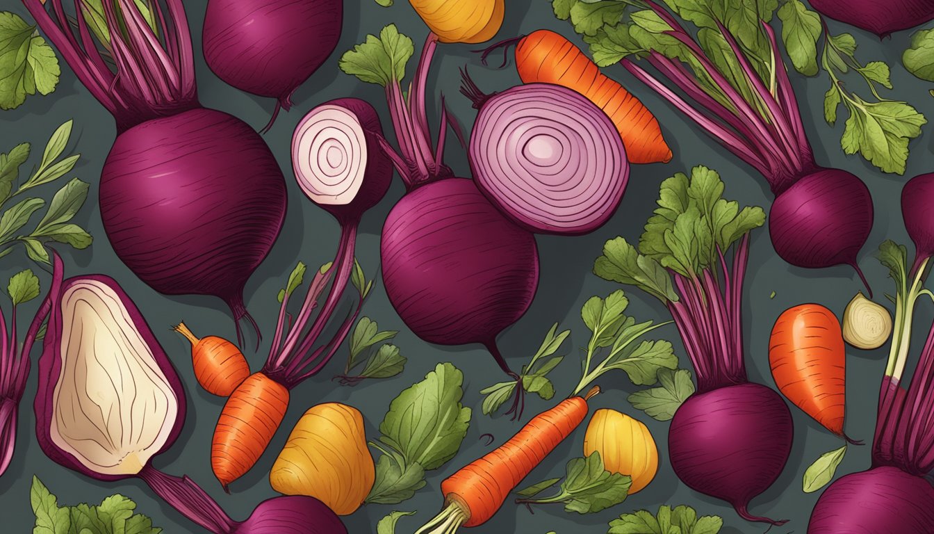 Beets being sliced and roasted, surrounded by a variety of colorful vegetables and herbs