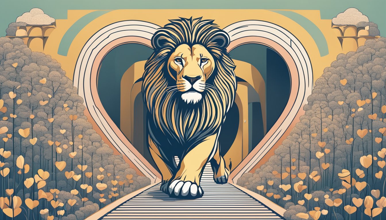 A lion walking towards a heart-shaped maze, with a path leading to a crown at the center