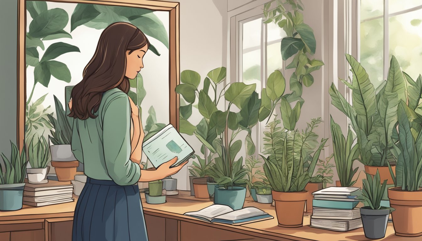 A girl standing in front of a mirror, surrounded by self-help books and plants, with a determined expression on her face as she works on personal growth