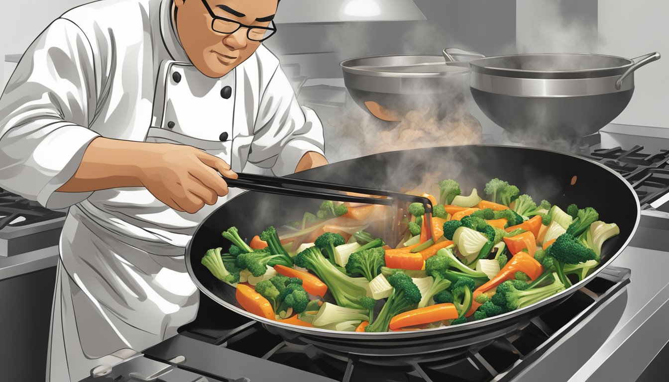 A chef pouring La Choy soy sauce into a sizzling wok of stir-fry vegetables