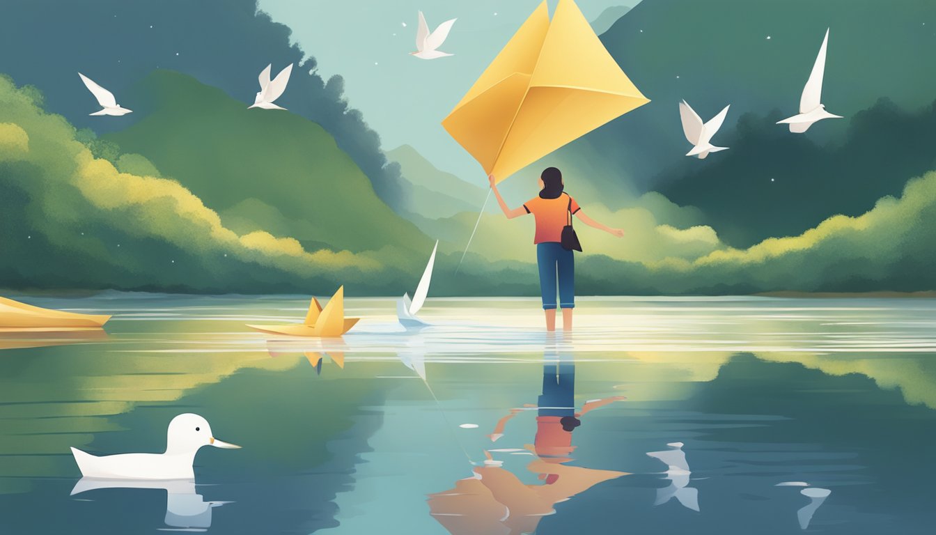 A girl releasing a paper boat into a calm river, symbolizing the hope for reconciliation