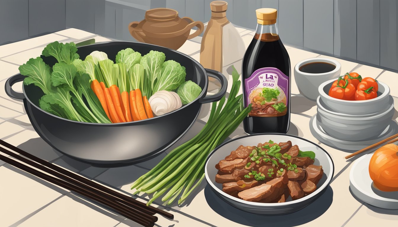 A kitchen counter with a bottle of La Choy soy sauce, a wok, and various fresh vegetables and meats