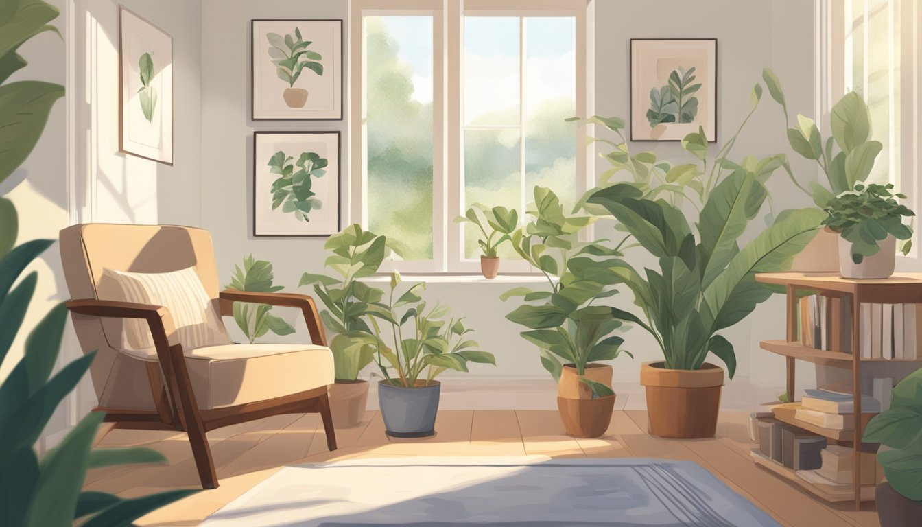 A serene, sunlit room with a cozy armchair, a journal, and a cup of tea, surrounded by calming plants and soothing artwork