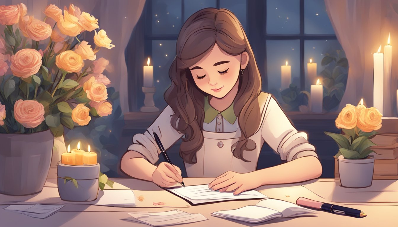 A girl writing a heartfelt letter with a pen and paper, surrounded by flowers and candles