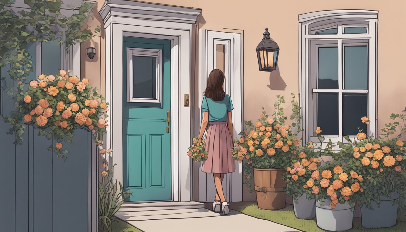 A girl standing outside her ex's door, holding a bouquet of flowers and looking hopeful