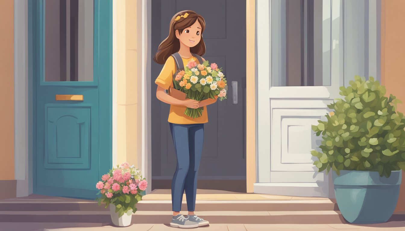 A girl holding a bouquet of flowers, standing outside a door with a hopeful expression