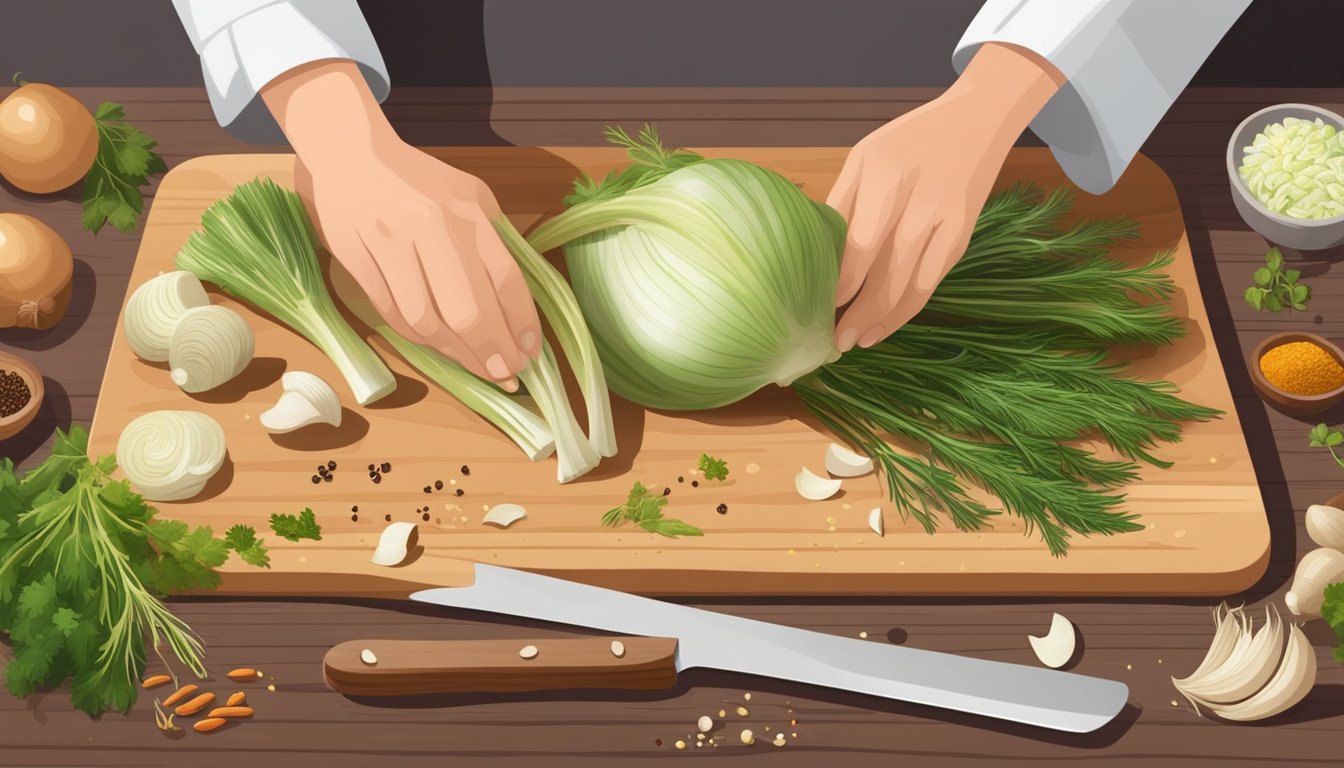 A chef slicing fresh fennel bulbs on a wooden cutting board, surrounded by various herbs and spices