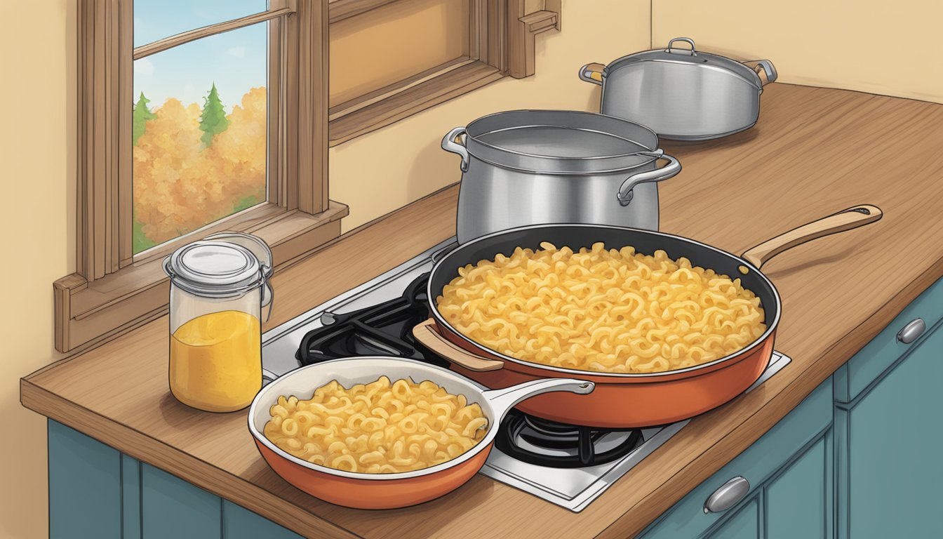 An open box of Annie's Homegrown mac and cheese sits next to a pot of boiling water on a stove, with a wooden spoon resting on the counter