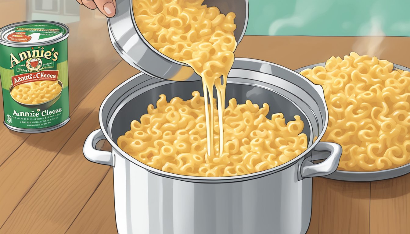 A pot of boiling water with a box of Annie's Homegrown mac and cheese being poured in